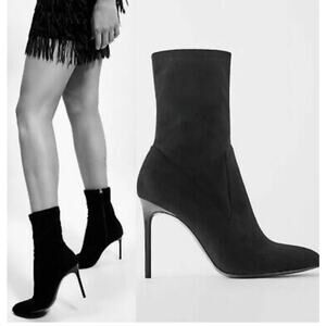 ZARA Black Sock Stretch Stiletto Heeled Ankle Boots Fabric Upper Size 38